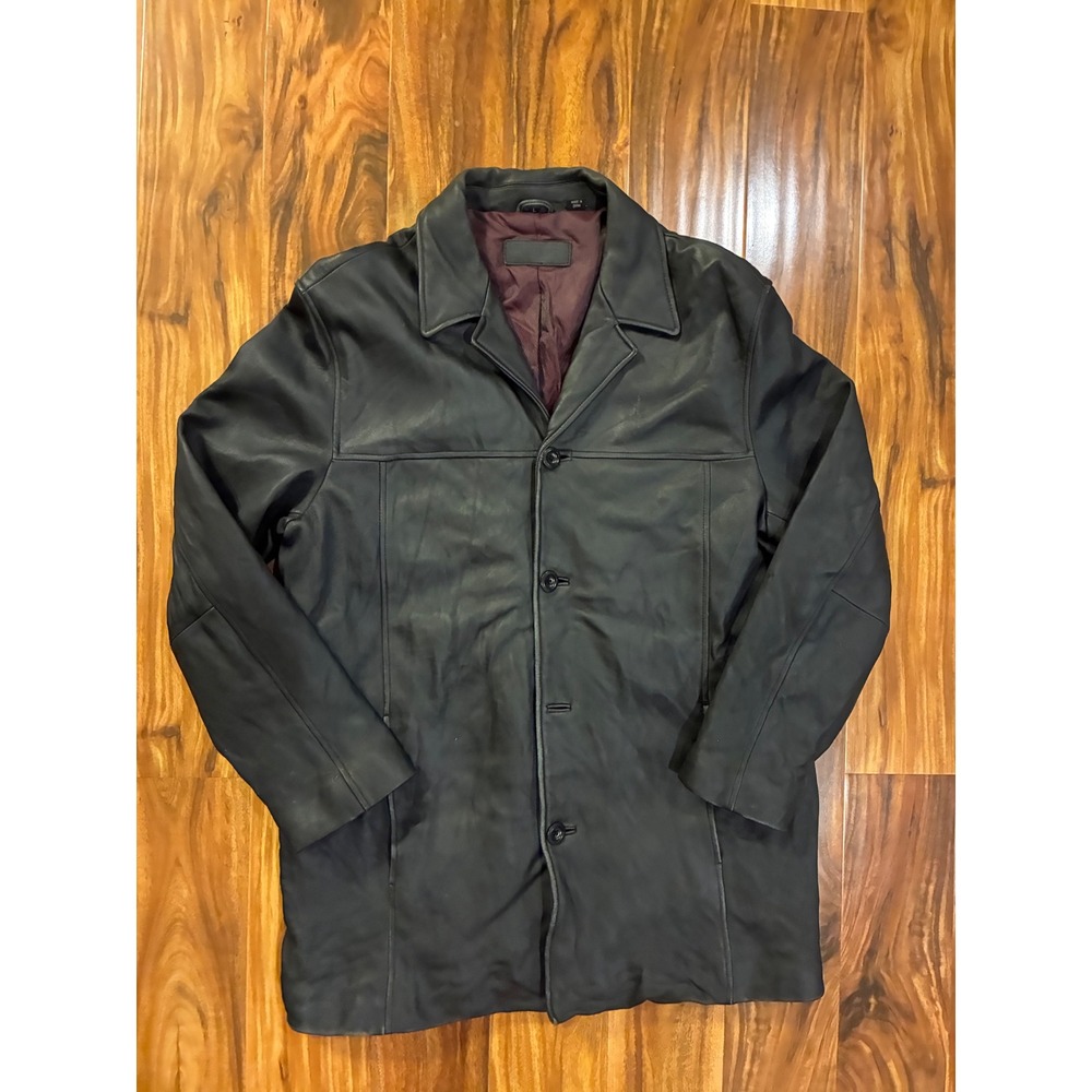 Alfani Mens Black Leather Car Coat Button Front Mid Length Jacket Size L